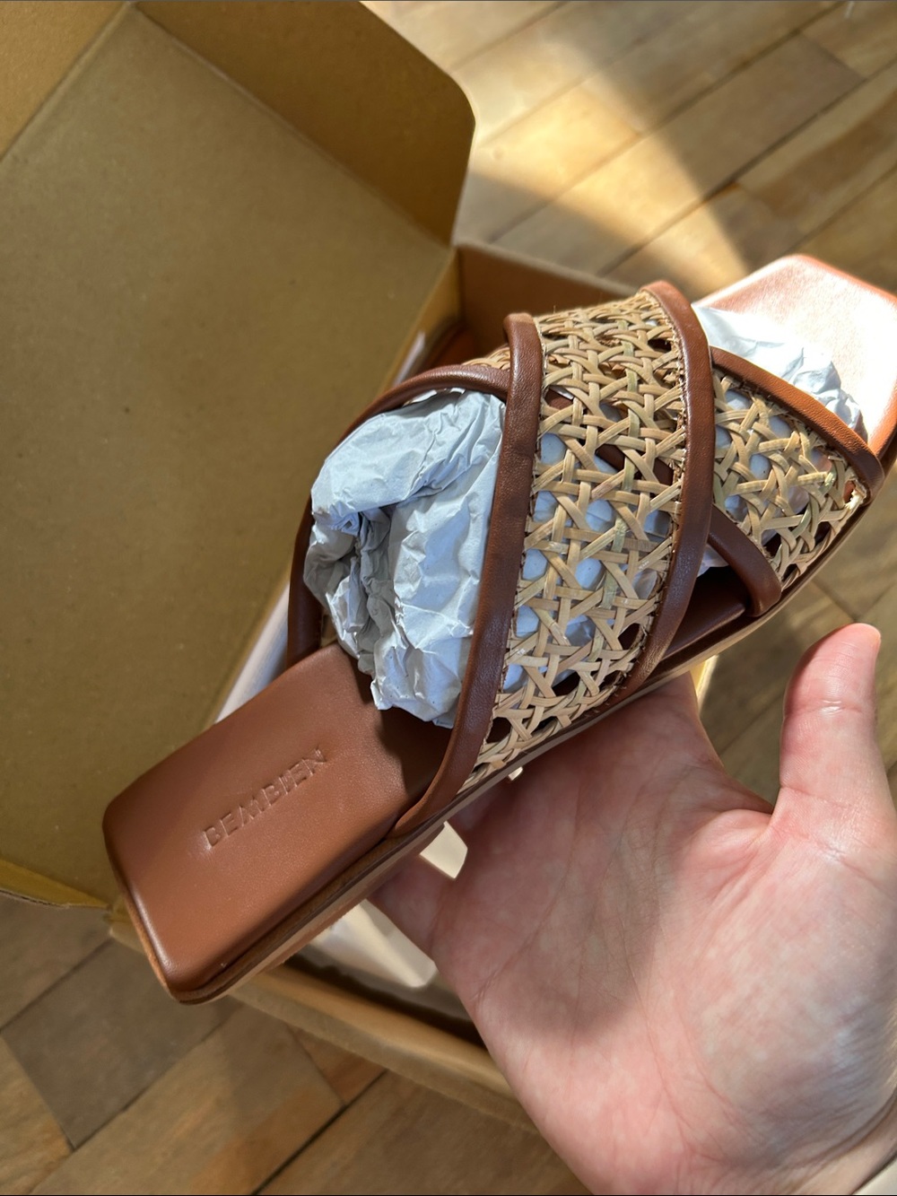 Bembien Woven Leather Slide Sandals in Natural Brown - Picture 3 of 8